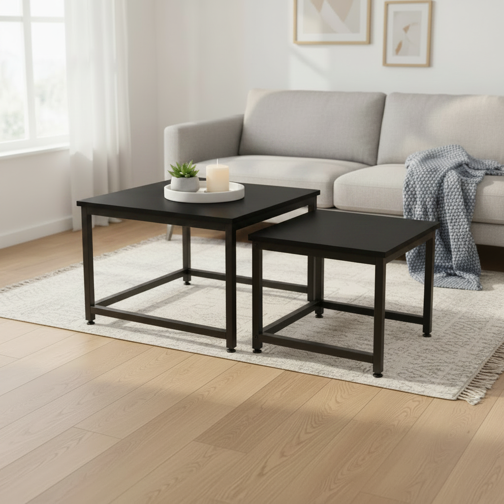 Lot de 2 Tables Basses Gigognes en Bois et Métal Noir