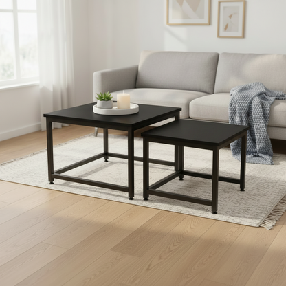 Lot de 2 Tables Basses Gigognes en Bois et Métal Noir