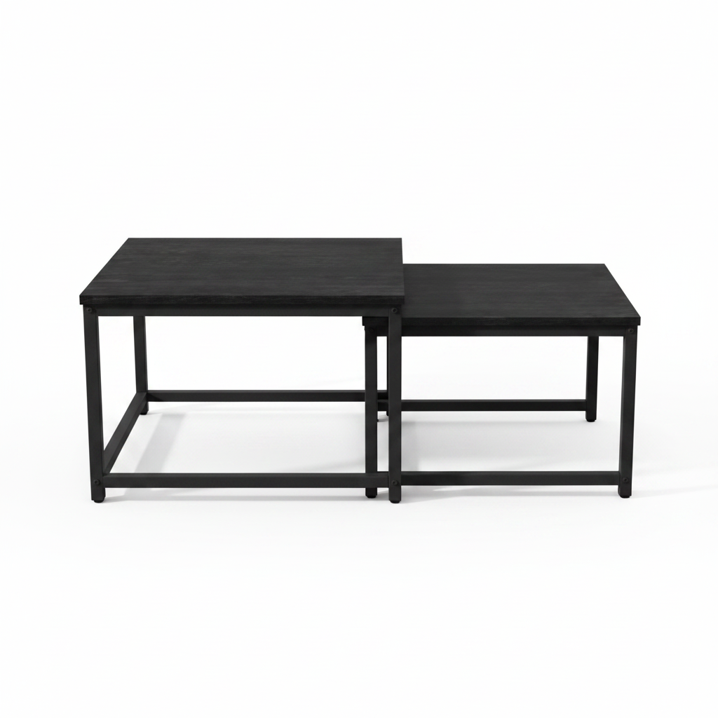 Lot de 2 Tables Basses Gigognes en Bois et Métal Noir