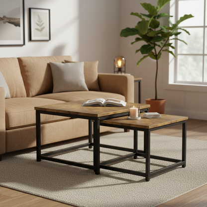 Lot de 2 Tables Basses Gigognes en Bois et Métal Noir
