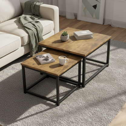 Lot de 2 Tables Basses Gigognes en Bois et Métal Noir
