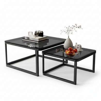 Lot de 2 Tables Basses Gigognes en Métal Noir et Verre Trempé