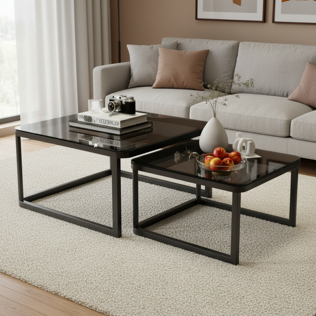 Lot de 2 Tables Basses Gigognes en Métal Noir et Verre Trempé