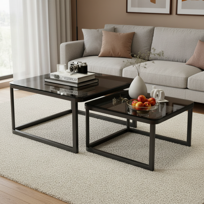 Lot de 2 Tables Basses Gigognes en Métal Noir et Verre Trempé