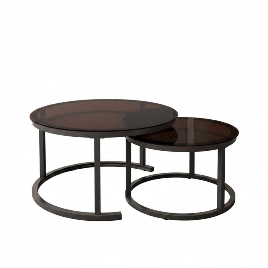 Tables Basses Gigognes Rondes Verre Fumé et Métal – Lot de 2