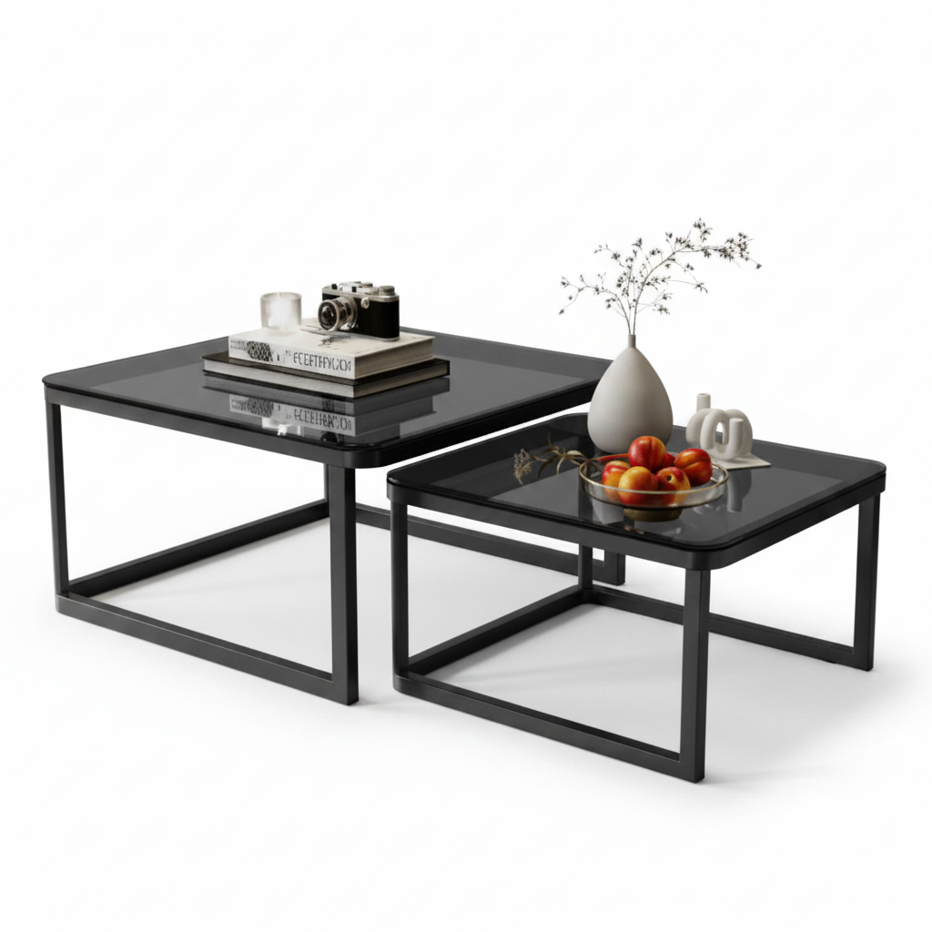 Tables Basses Gigognes Métal Noir et Verre Trempé – Lot de 2