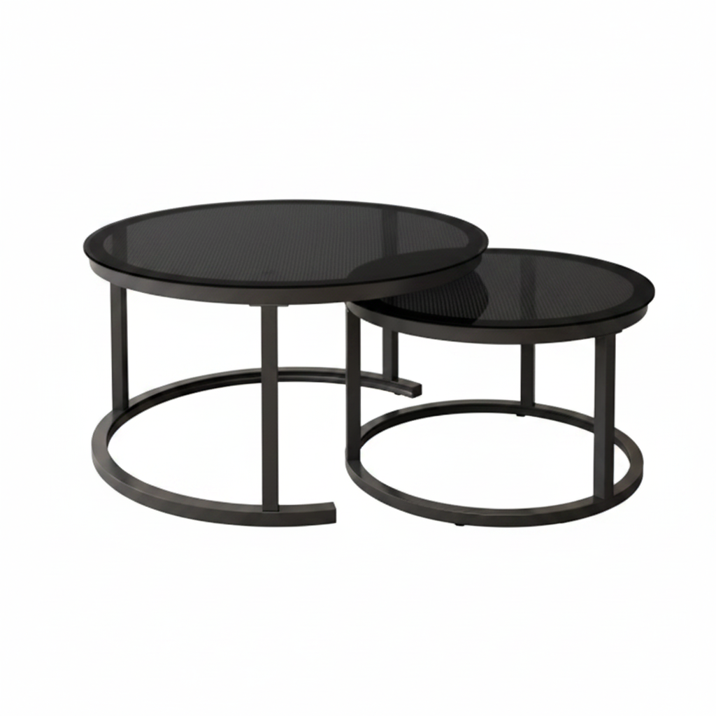 Lot de 2 Tables Basses Gigognes Rondes en Verre Fumé et Métal