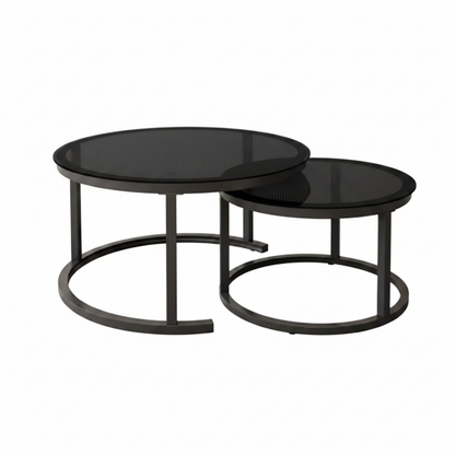 Lot de 2 Tables Basses Gigognes Rondes en Verre Fumé et Métal