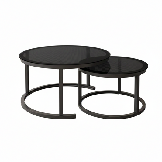 Lot de 2 Tables Basses Gigognes Rondes en Verre Fumé et Métal