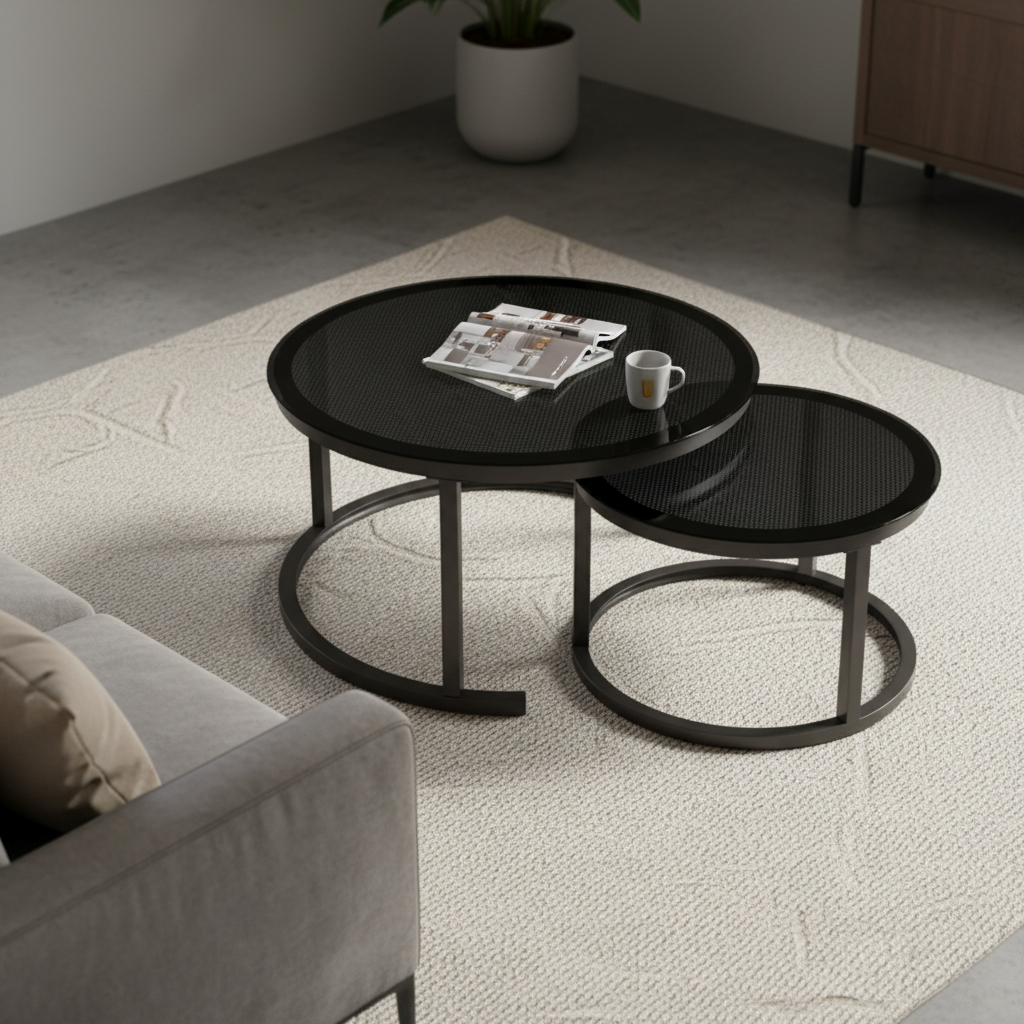 Lot de 2 Tables Basses Gigognes Rondes en Verre Fumé et Métal