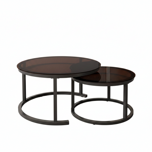 Lot de 2 Tables Basses Gigognes Rondes en Verre Fumé et Métal