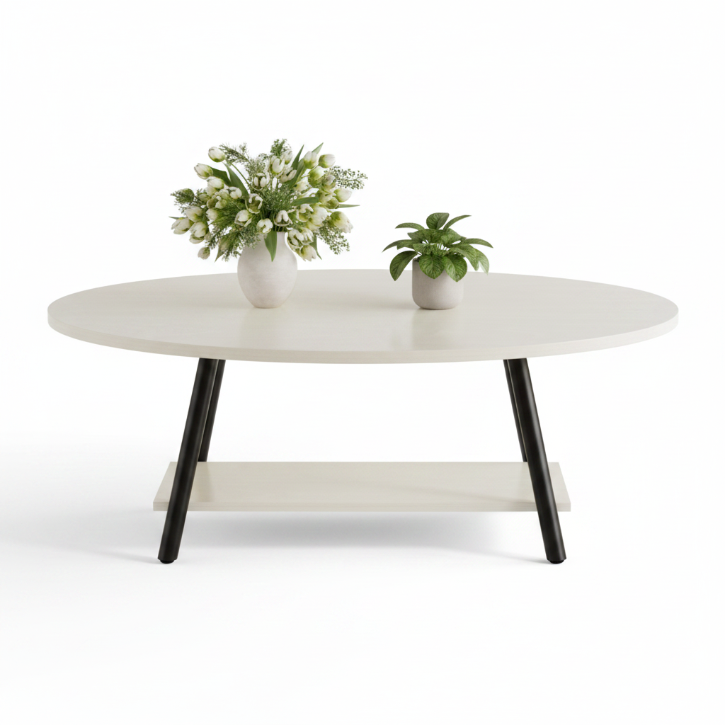 Table Basse Ovale avec Rangement Style Scandinave en Bois – Double Plateau